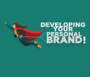 business woman in superhero cloak flying upward with text Developing your personal brand
