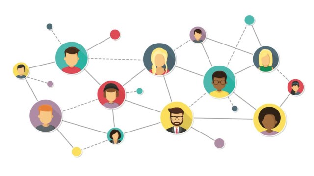 Illustration of avatars connected by nodes and lines depicting networking.