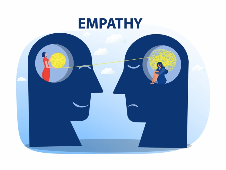 Two heads facing each other with human avatars in their brains. One is sad, represented by a messy ball of threads. The other is happy and pulling from that thread, helping the other organize it.