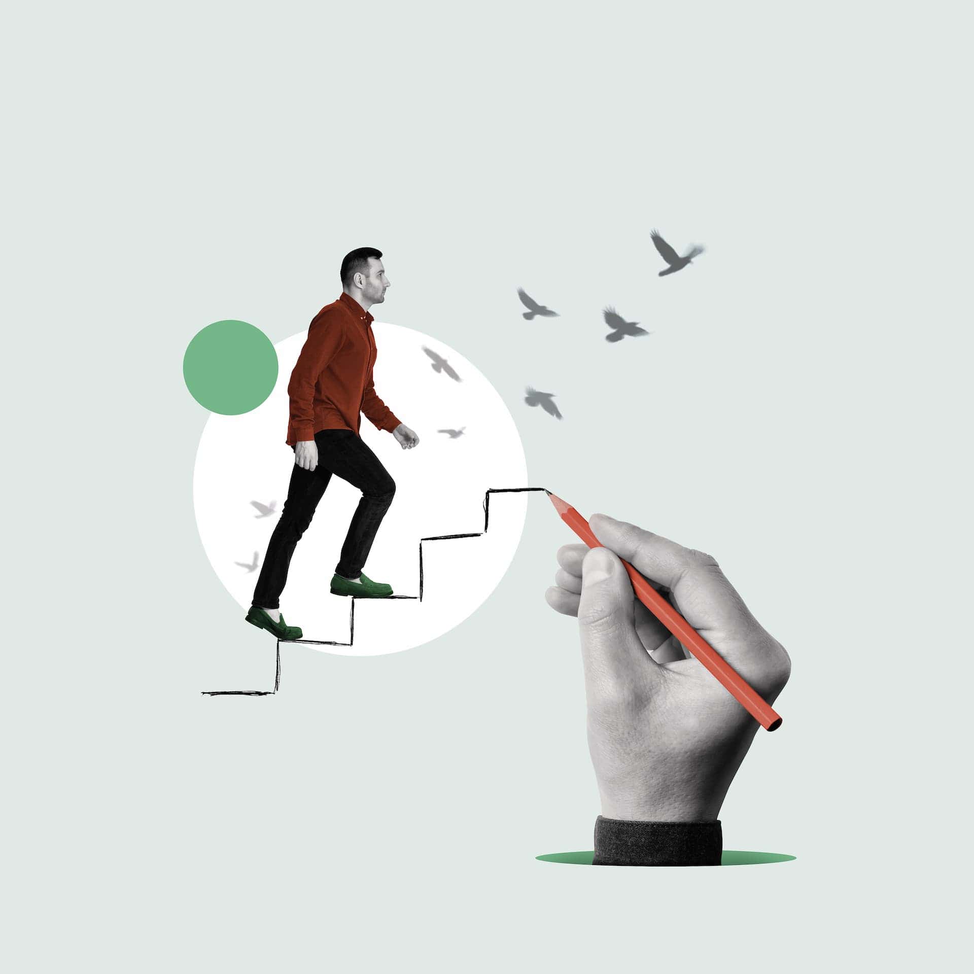 Man going up drawn stairs.