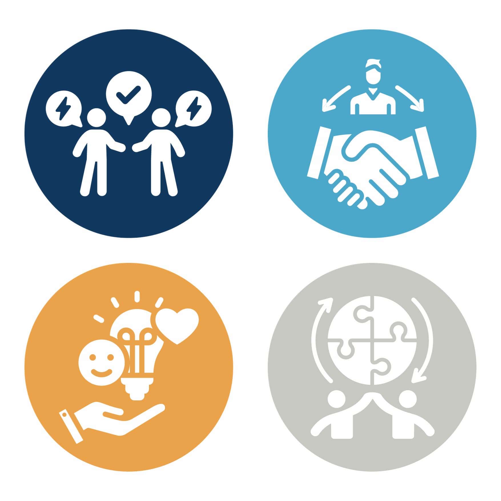 Icons that represent four forms of conflict resolution: communication, mediation, emotional intelligence, and cultural mindfulness.