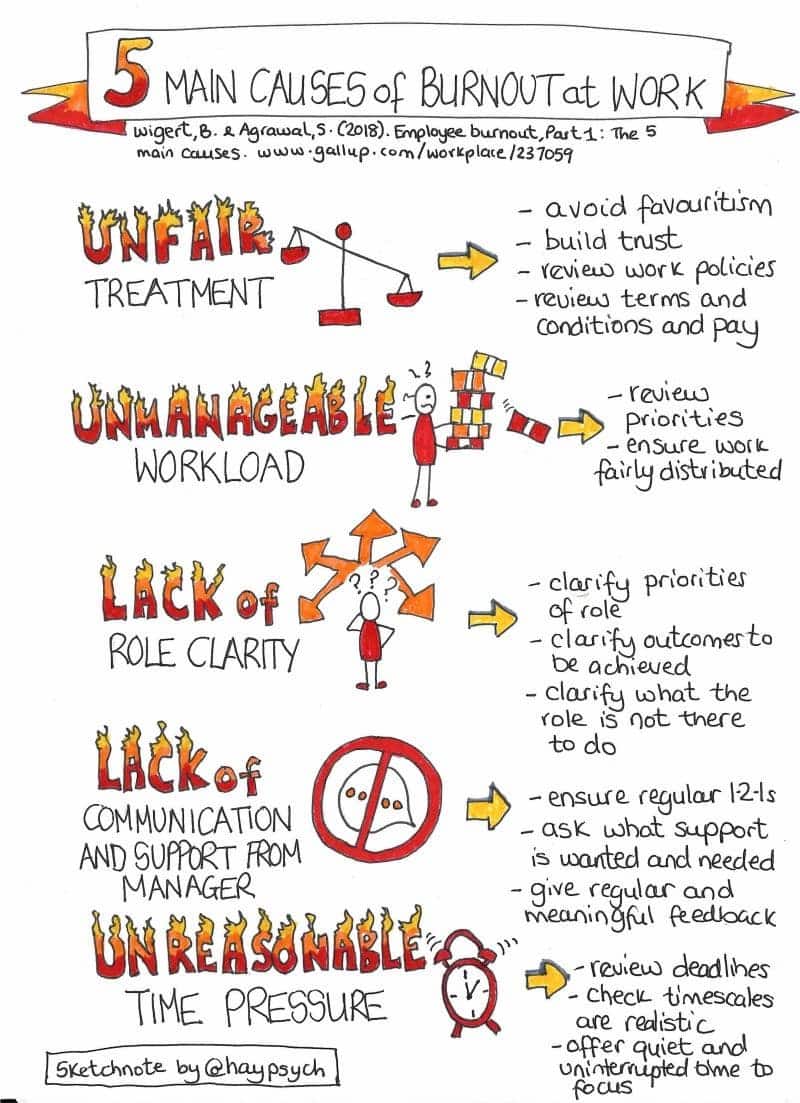 Dr. Hayley Lewis's notes and drawings summarizing the main causes of burnout and how to prevent it.