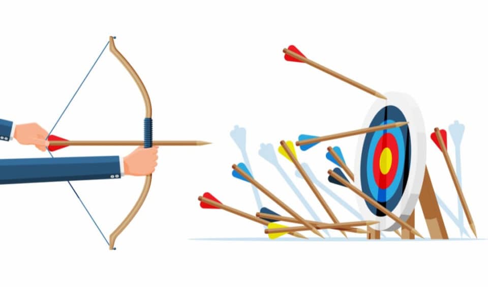 Many arrows scattered around a target mark, showing that the person has missed several times but continues to try.