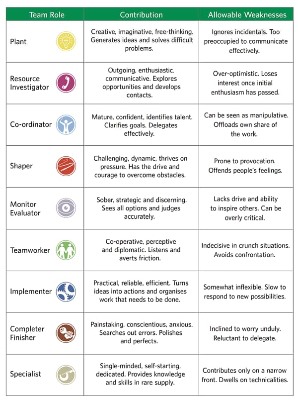 A table describing the nine team roles that individuals naturally take on within a team, along with its strengths and weaknesses.