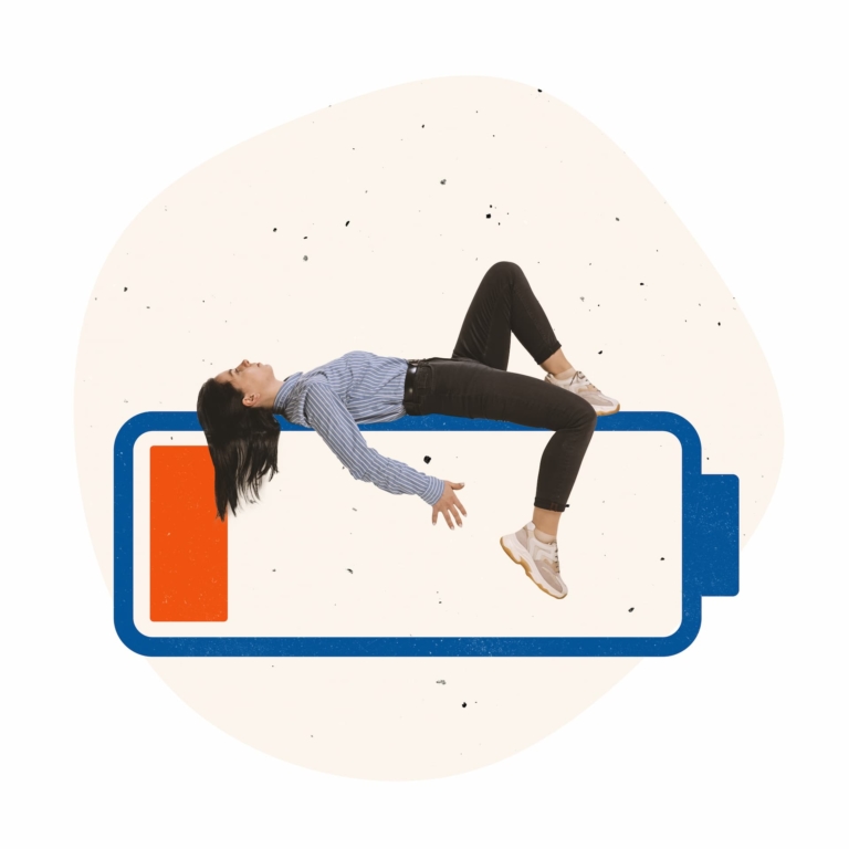 Office worker, employee lying on low battery symbolizing tiredness, fatigue, lack of energy.
