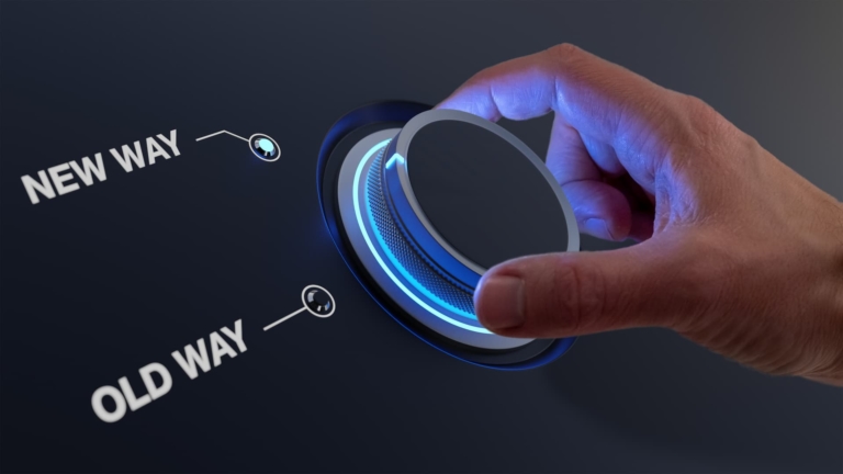 A hand turning a knob from 'Old Way' to 'New Way' symbolizing a transition or choice to adopt a new approach.
