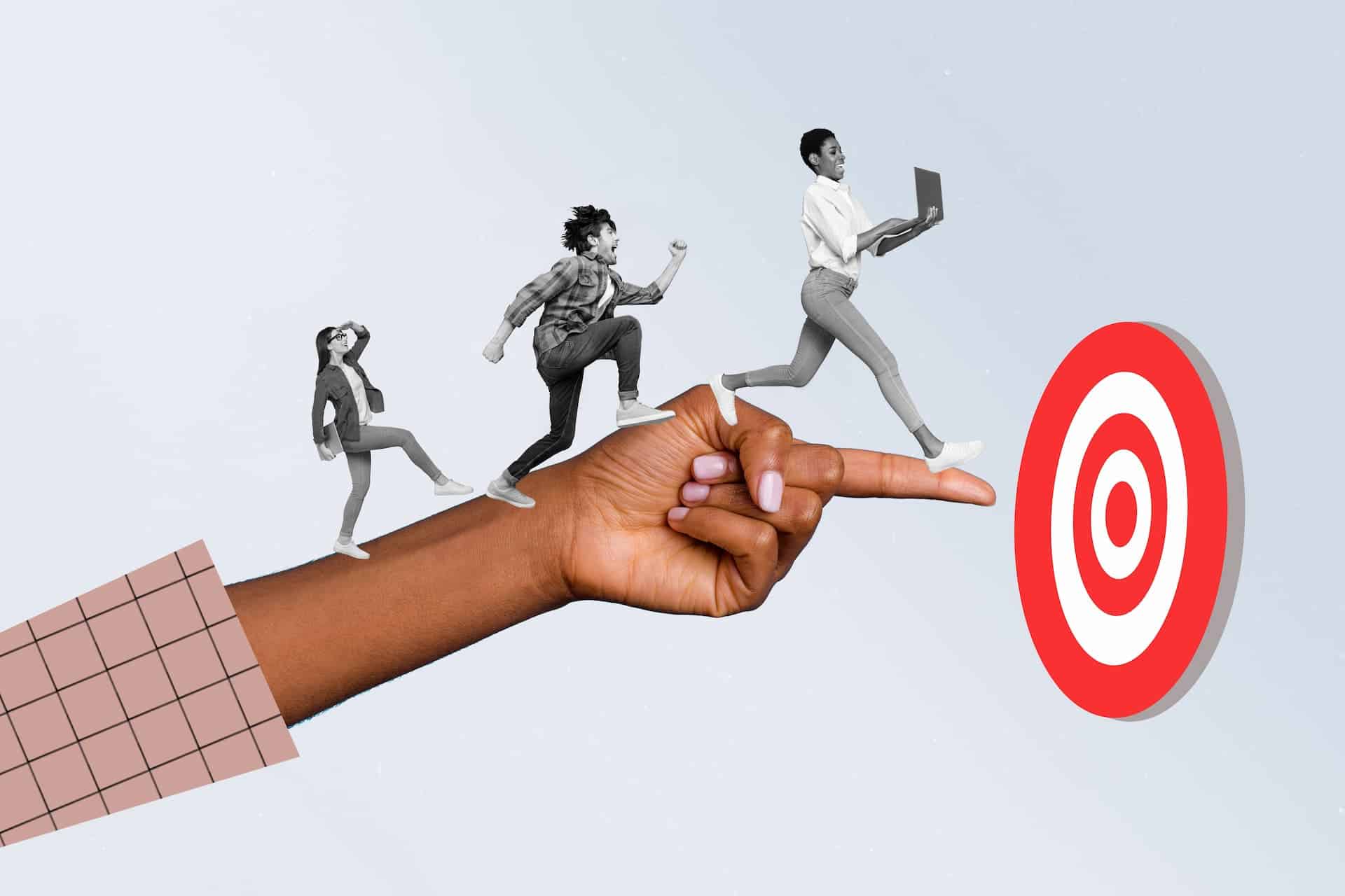 People shown in black white running up a huge hand with a finger pointing at a red and white target indicating a manager's feedback guiding team to a given goal.