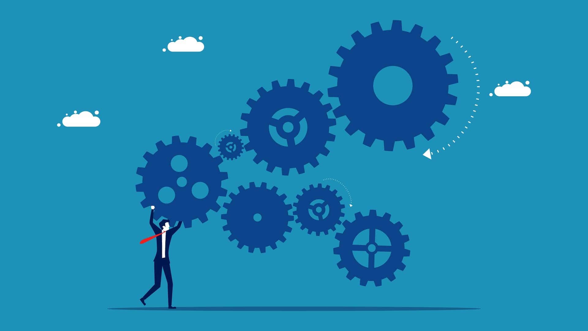 Cartoon-style illustration of a man in formal work attire, holding a tool and adjusting giant gears, symbolizing the concept of job crafting and actively shaping one's role and tasks at work.