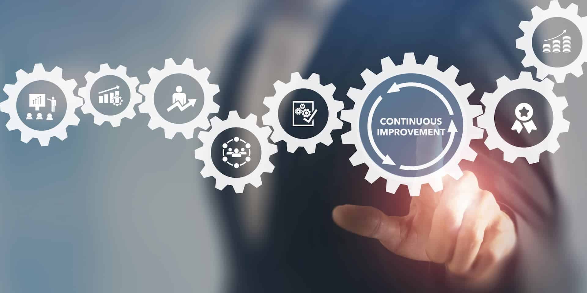 Interlocking cogs representing different goals with the largest being continuous improvement.