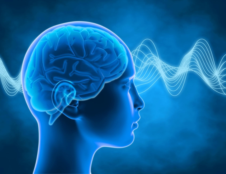 A human head with its visible brain and surrounding waves in shades of blue that symbolizes the concept of flow and optimal mental state.