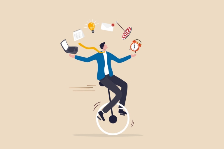 What are skills, as exemplified by an animated man in a semiformal suit and tie balancing on a monocycle, deftly juggling a laptop, calendar, lightbulb, emails, target and arrow, and a clock, symbolizing a diverse range of skills in the modern workplace.