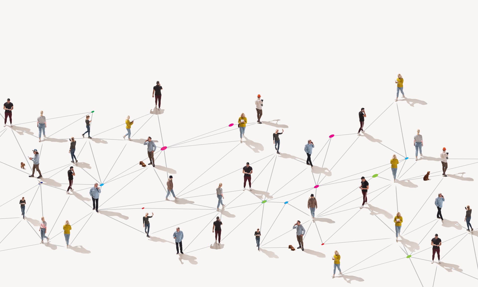 An aerial view of a crowd of people connected by lines, illustrating the concept of networking.