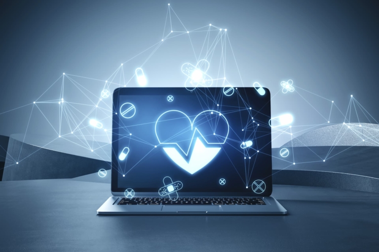 Laptop displaying a heart with digital network connections and nodes in a futuristic setting.