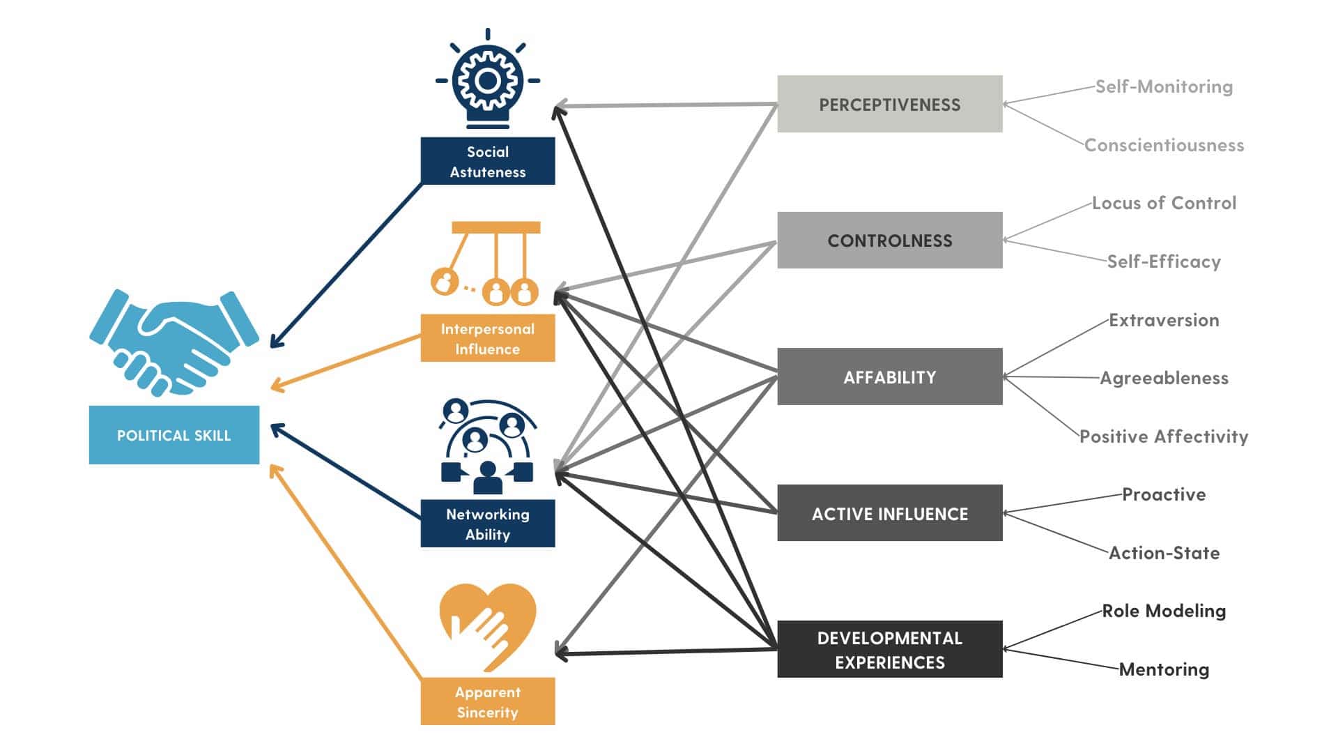 A visual model depicting the Ethical Political Skills Model, a framework for ethically navigating organizational politics. The model includes four key components: Social Savvy, Interpersonal Influence, Networking Ability, and Sincerity.