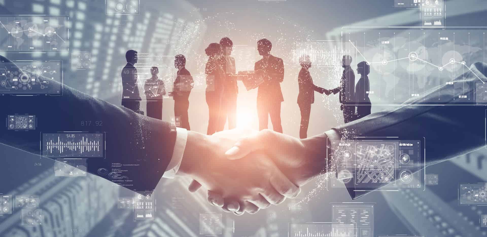 A handshake is depicted against a backdrop of shadowy figures representing numerous employees, suggesting the strategic navigation of office politics and the necessity to leverage it effectively for professional advancement.