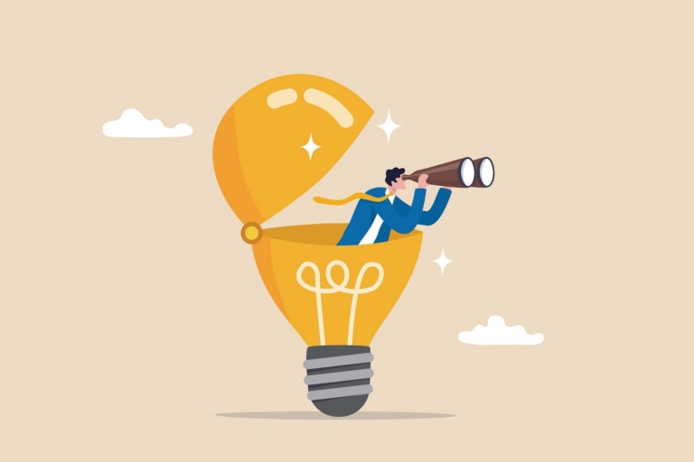Illustration depicting a lightbulb opening to reveal a suited man emerging while holding binoculars symbolizing representing the importance of curiosity in organizations and workplace environments.