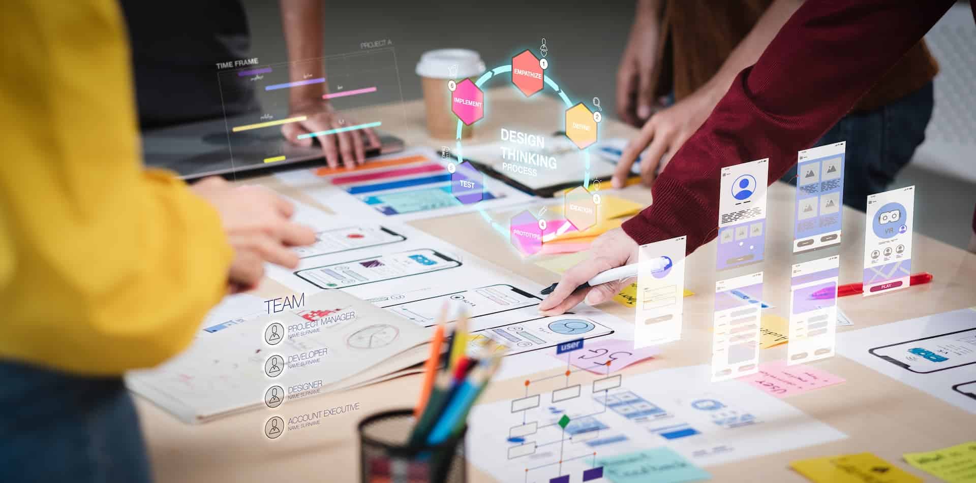 An illustration depicting a diverse team brainstorming and sketching ideas, symbolizing the iterative process of design thinking and experimentation in innovation.