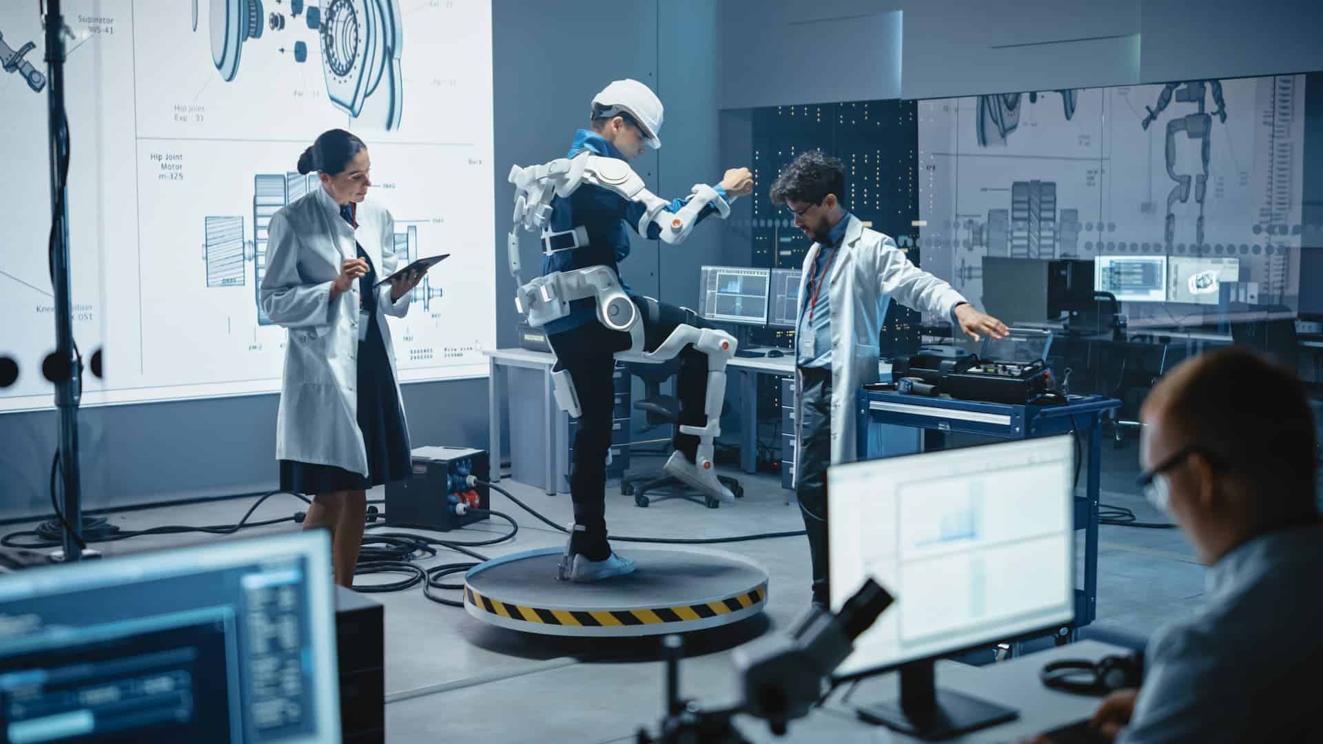 A diverse team of scientists in a laboratory, experimenting with new technology and equipment.