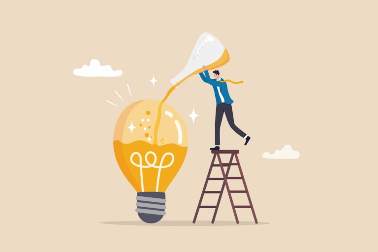 A businessman in suit at the top of a ladder, pouring liquid from a large flask into a giant lightbulb, symbolizing innovative experimentation in business.