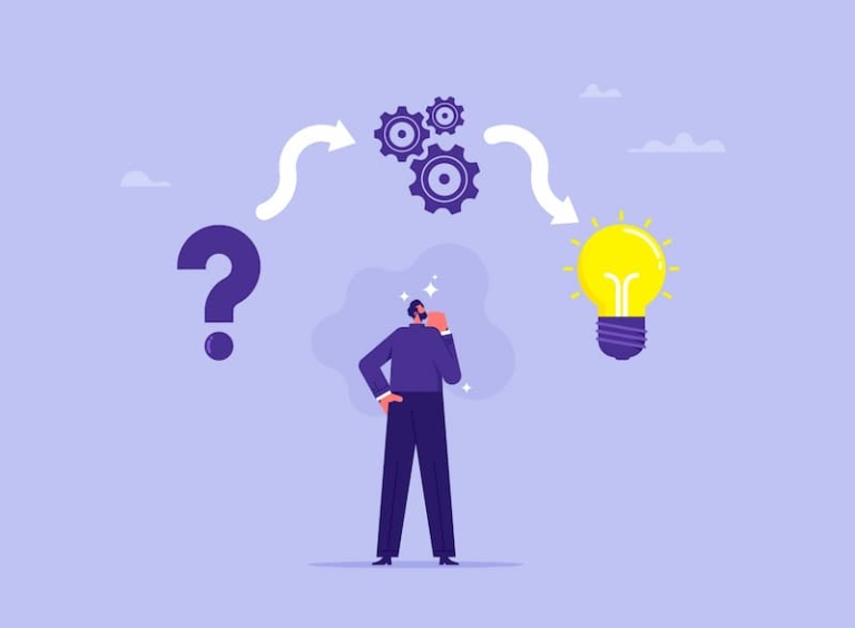 A man in a suit looking into a question mark, which points to gears and then to a lightbulb, symbolizing the process of problem-solving from questioning to ideas and solutions.