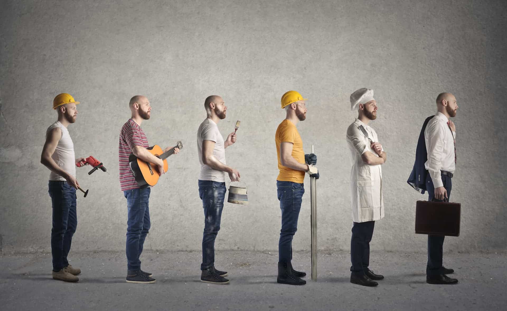 The same man appearing several times dressed in various professional outfits symbolizing experimentation with different career identities and roles.