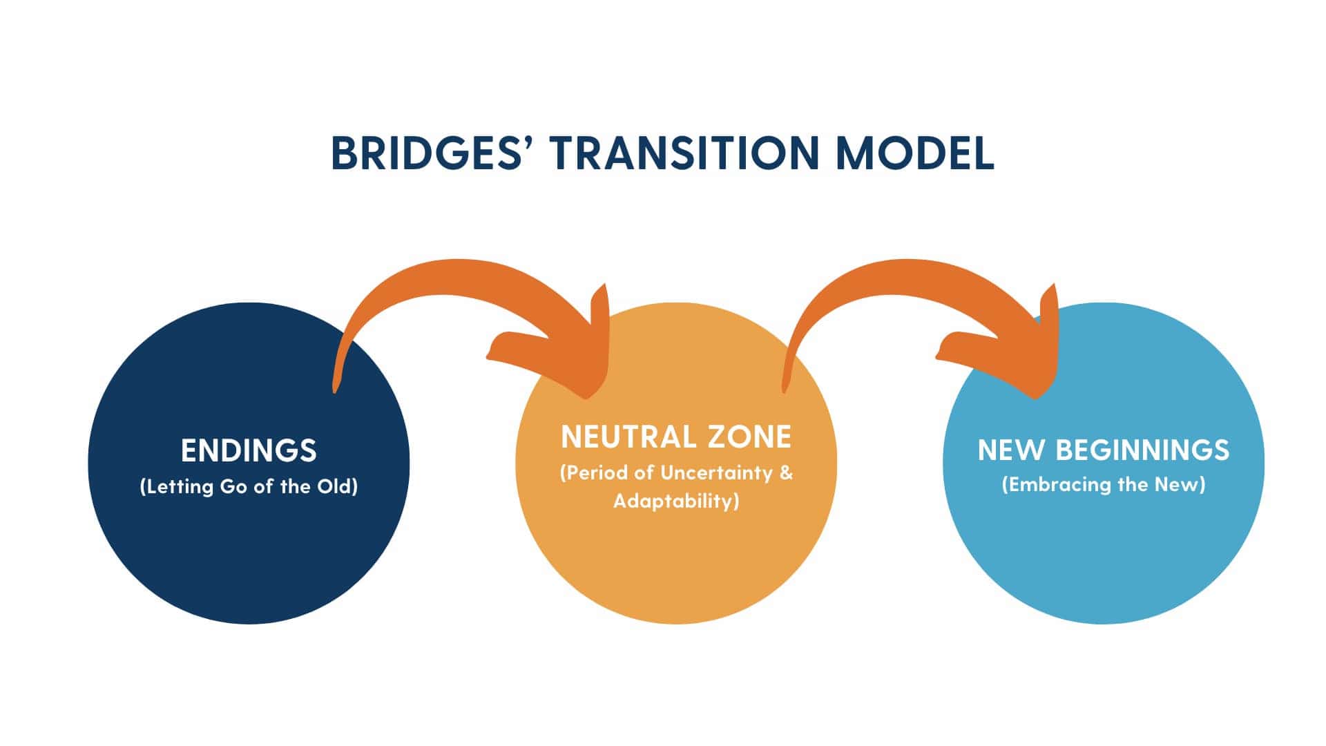 Visual representation of the Bridges Transition Model, which differentiates change (external) from transition (internal) and proposes three stages: endings, the neutral zone, and new beginnings.
