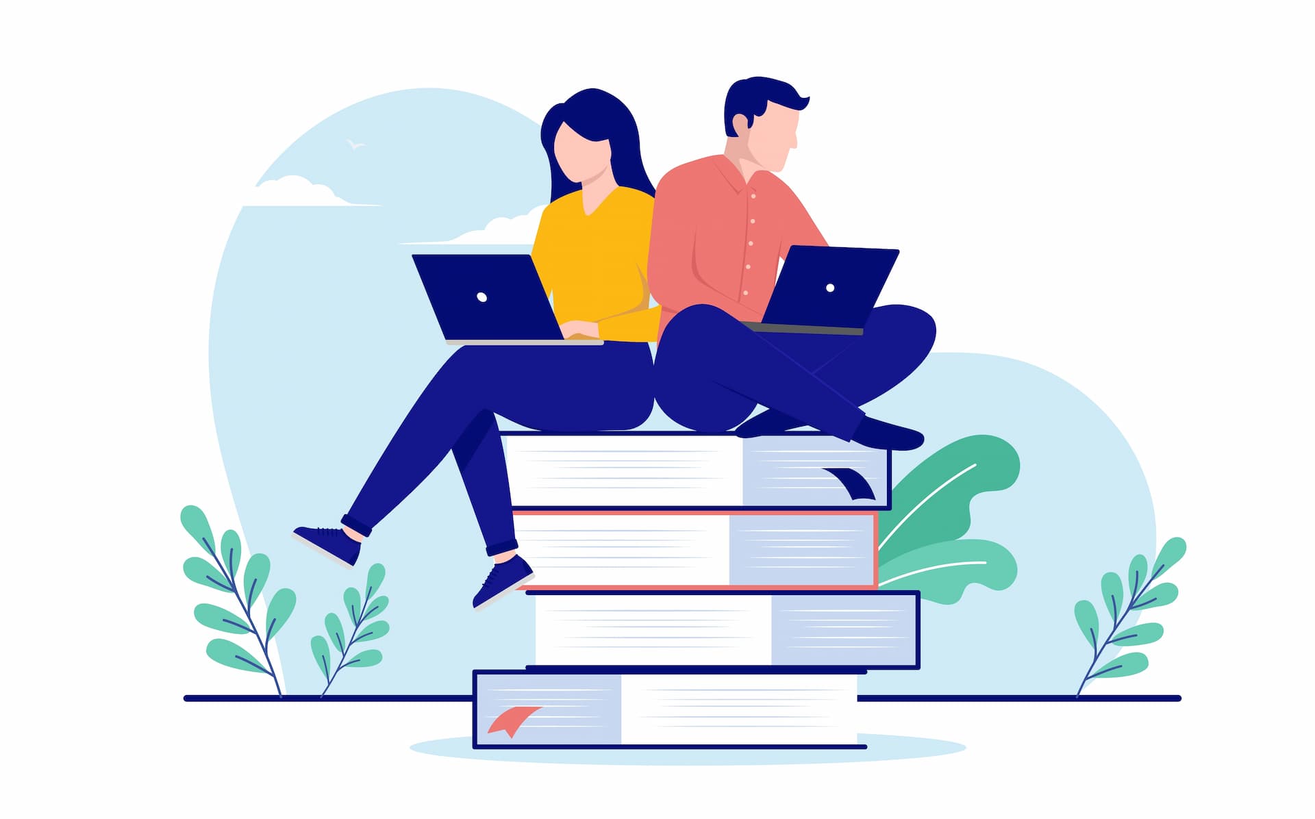 Illustration of two people sitting back-to-back on stacked books, each focused on their laptops, reading helpful articles, against a nature-inspired backdrop.