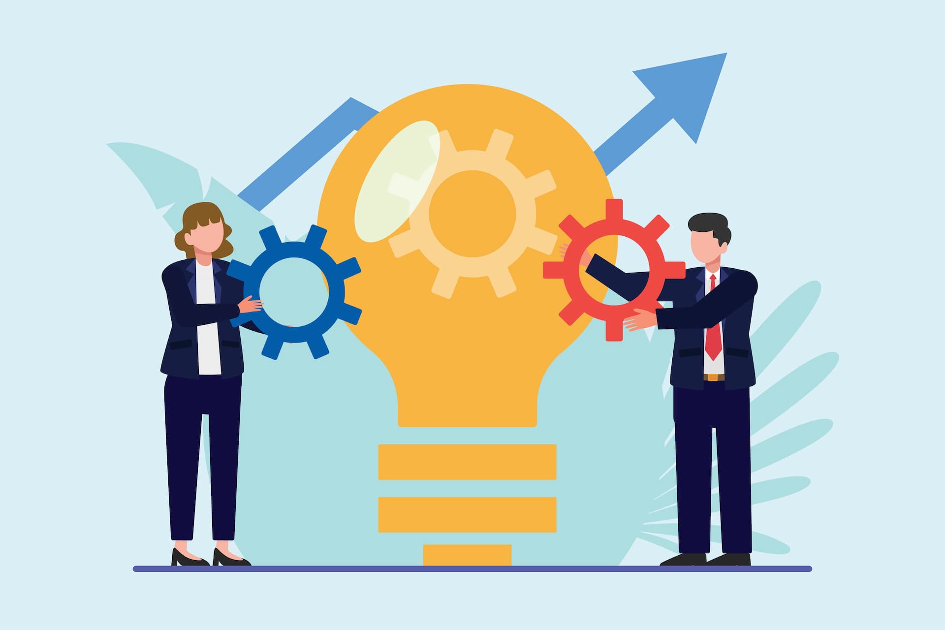 Cartoon illustration of two business professionals collaborating by holding gears in front of a large light bulb with an upward arrow, representing teamwork, innovation, and career growth through strategic career services.