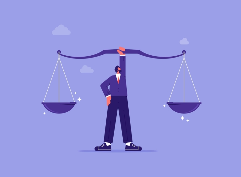 A man in a business suit holding up a balance scale, symbolizing fairness and ethical decision-making in the workplace.