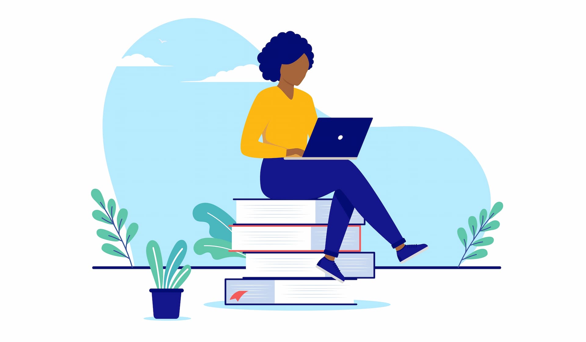 Cartoon illustration of an African American woman sitting on a pile of books while on her laptop.