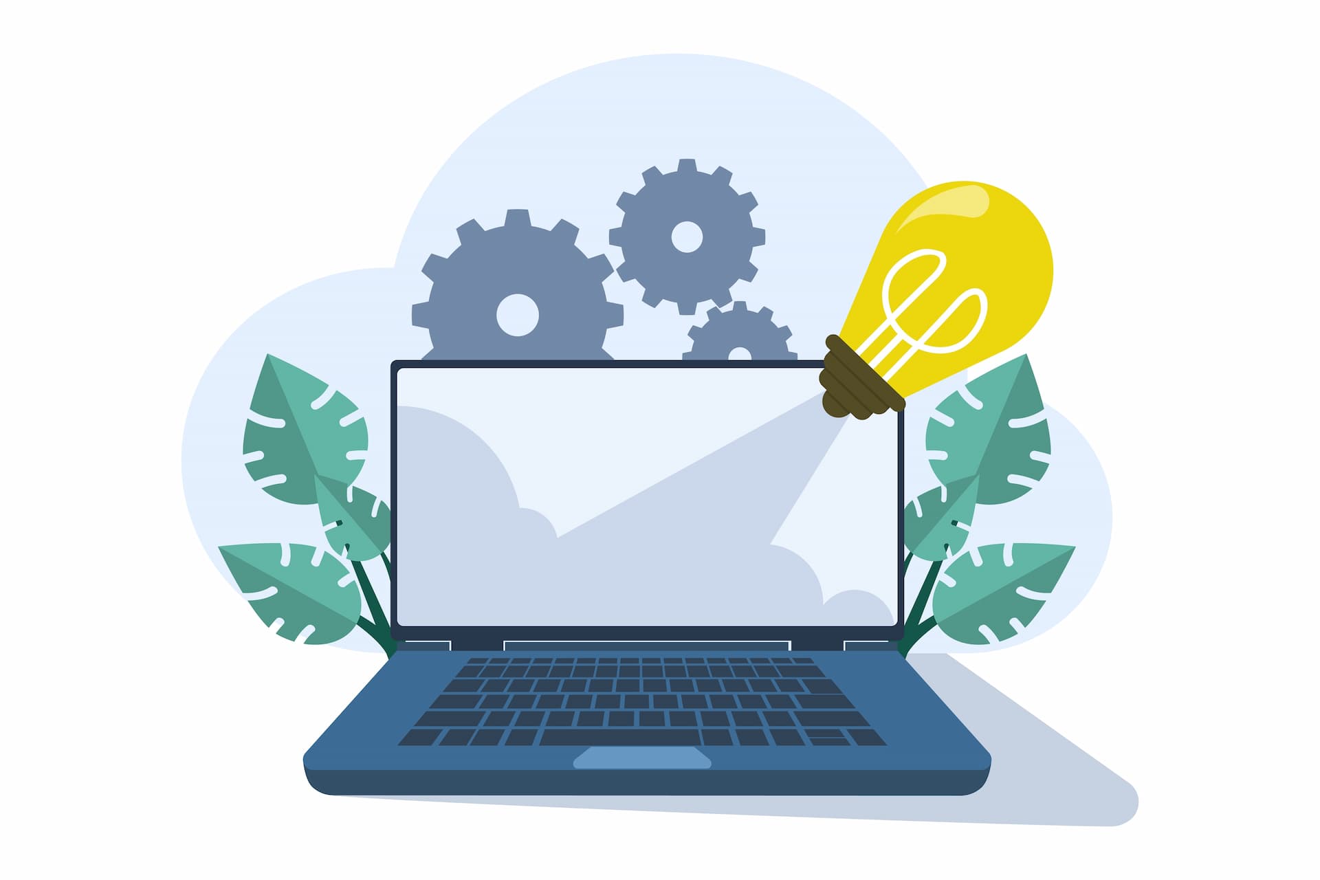 Illustration of a laptop surrounded by gears and leaves, with a glowing light bulb shining onto the screen, symbolizing frameworks and solutions for career management.