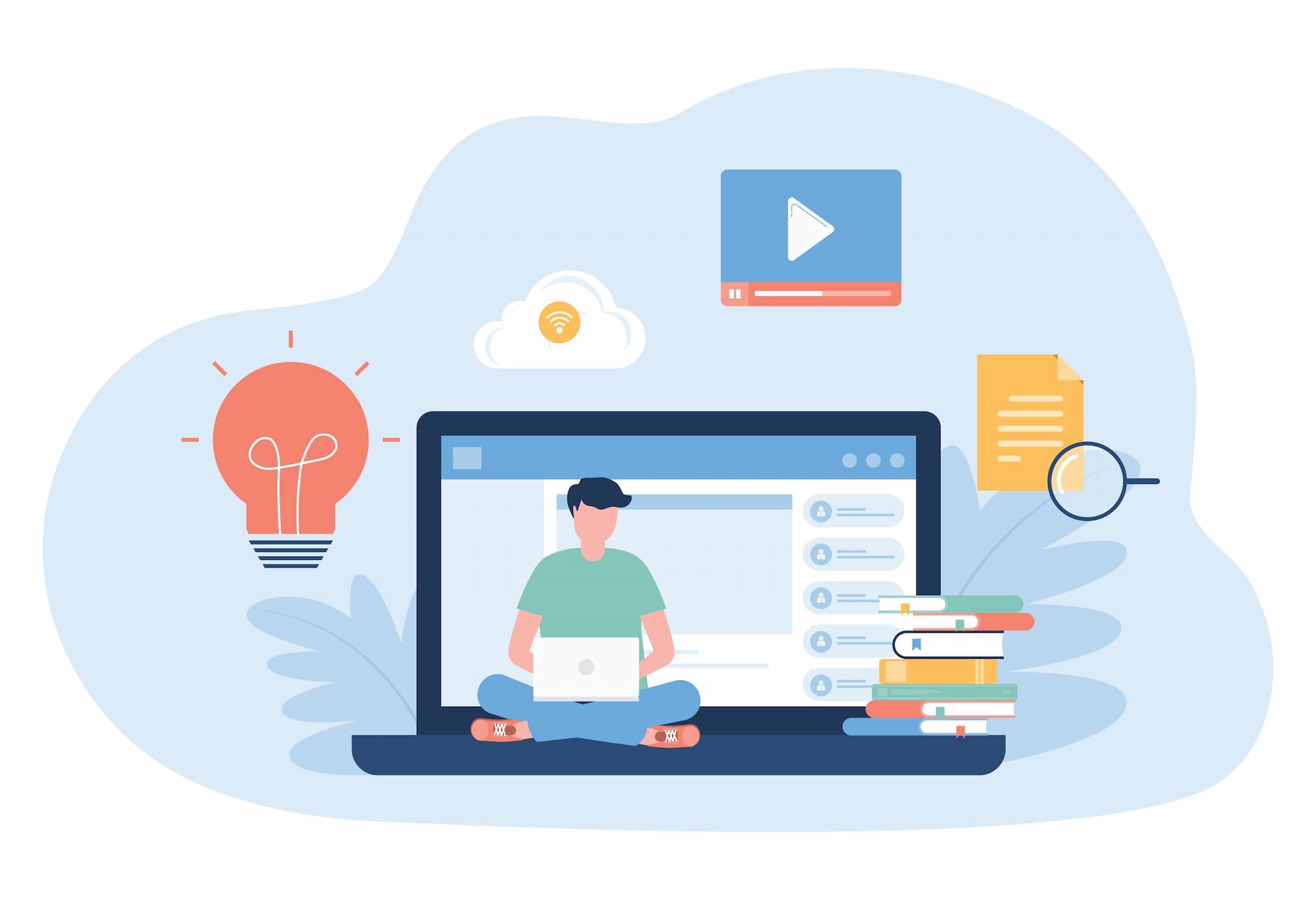 Illustration of a person sitting cross-legged on top a laptop keyboard in front of the giant screen, surrounded by icons including a light bulb, a cloud, a how-to videos, a magnifying glass, and a stack of books, representing how-to videos for career management.