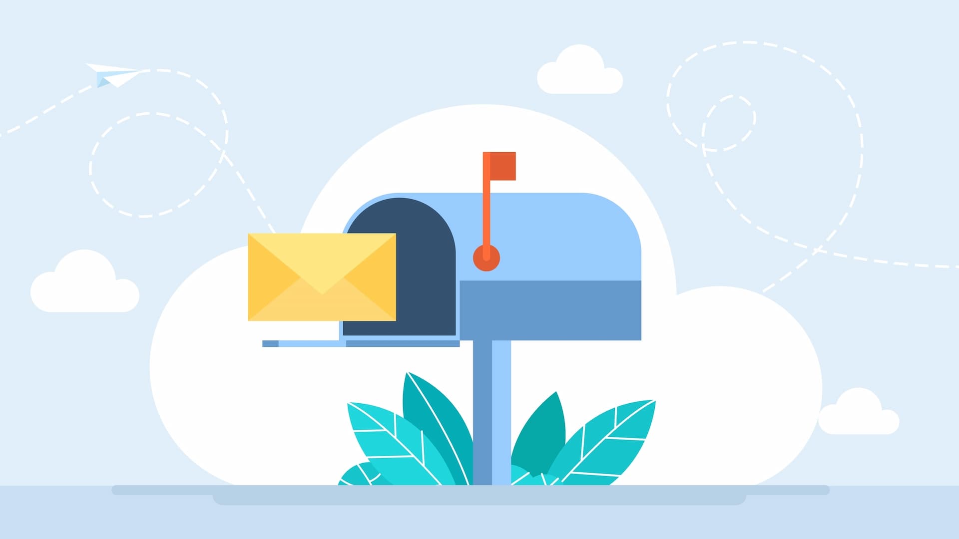 Illustration of a blue mailbox with a raised red flag, holding a yellow envelope, representing newsletter delivery, surrounded by green leaves and a cloudy sky.