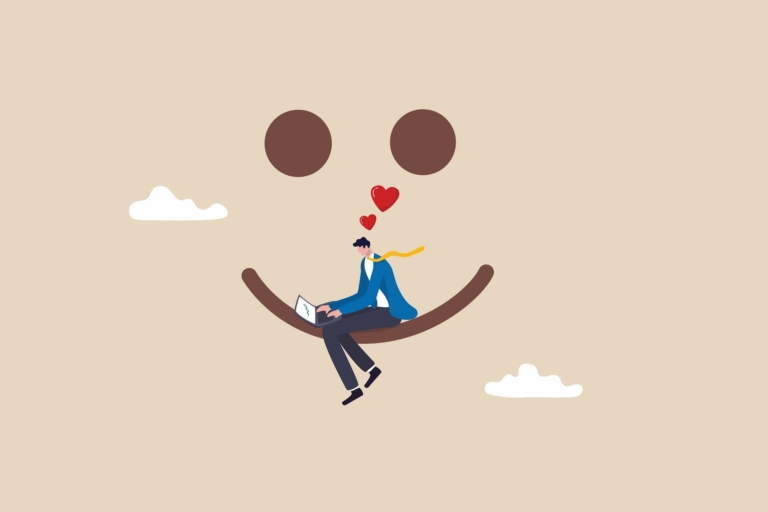 A man in a suit typing happily on a smile arc, enjoying his work, symbolizing passion and happiness in a career.