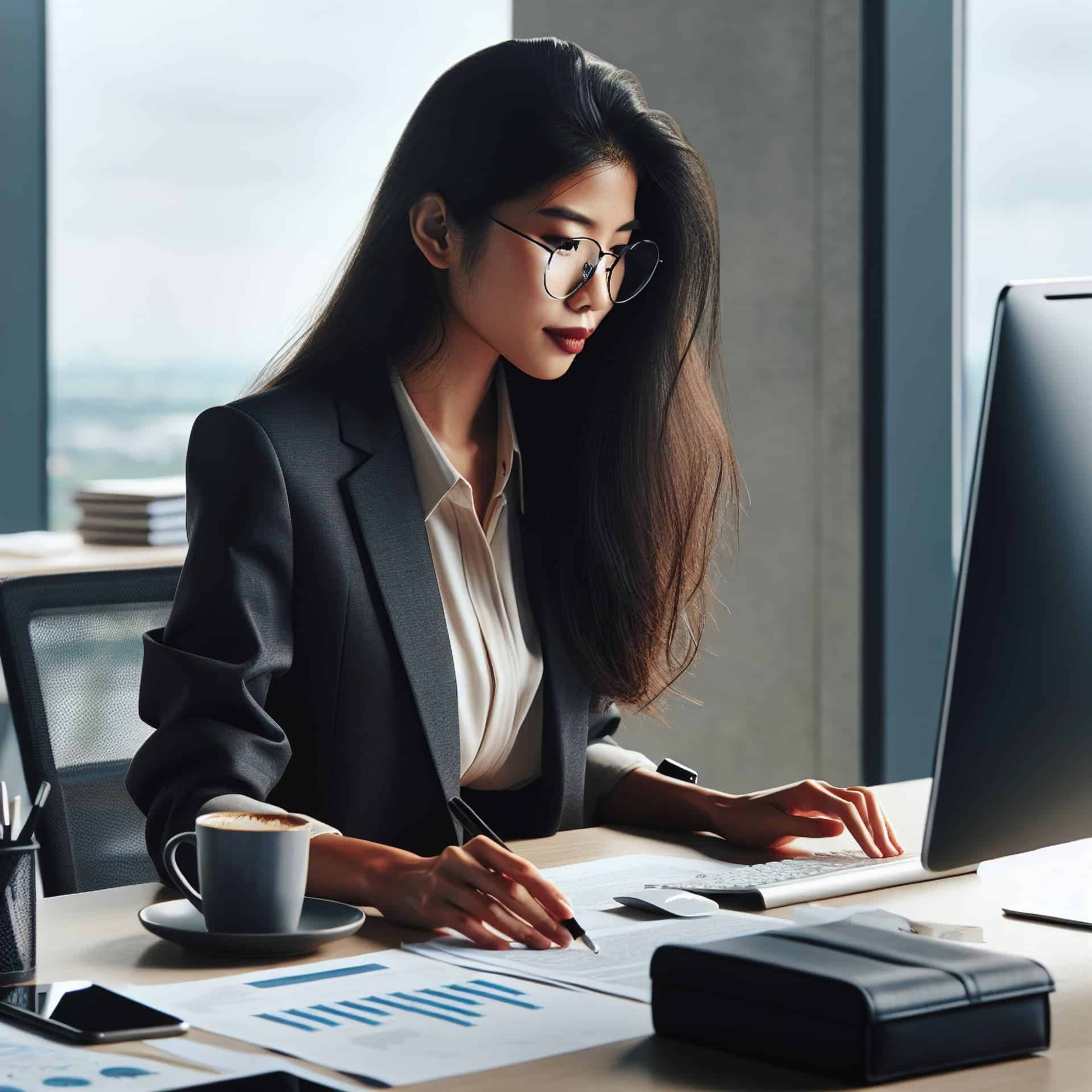 A woman working diligently at her desk with her computer and surrounded by notes and papers, symbolizing pragmatism through a dedicated, hands-on approach to managing tasks and maintaining focus.