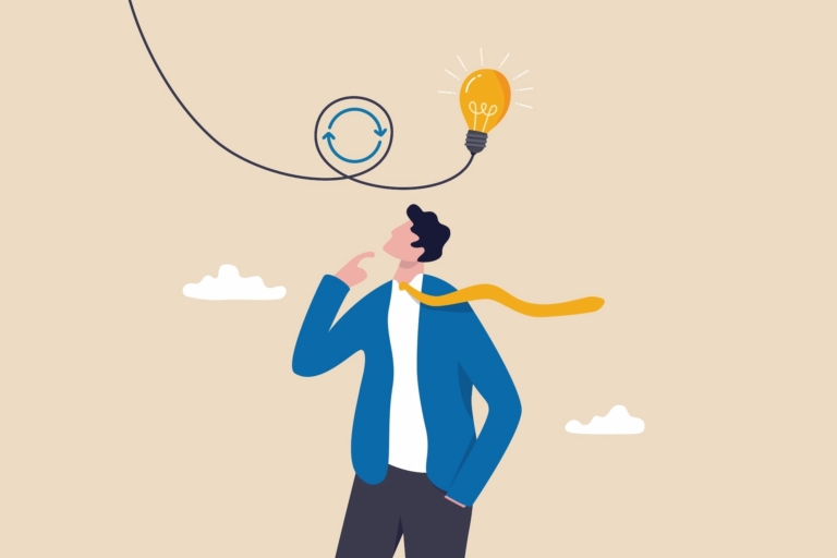 A man in a suit looks at a lightbulb leaving a trace surrounding two rounded arrows pointing at each other, signaling how to think through what aspect of a given process one must deliberately practice.