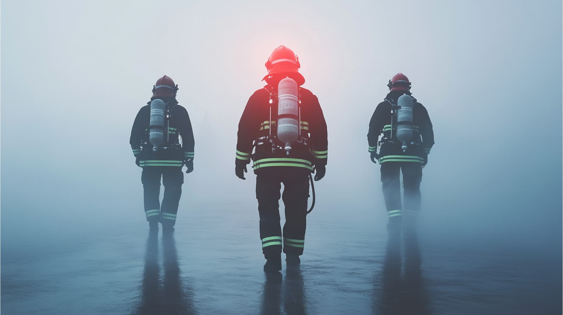 Rear view of three firefighters in full gear walking towards the light in a misty, smoke-filled environment.