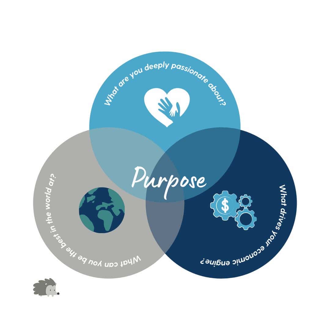 The Hedgehog Concept framework by Jim Collins, illustrating the intersection of passion, skill, and economic opportunity as a guide to finding purpose.