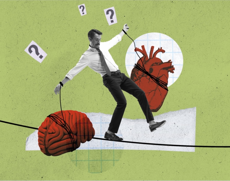 A man walking a tightrope while balancing a brain and a heart in each hand, symbolizing the pragmatic challenge of finding equilibrium between logical decisions and emotional considerations in the workplace.