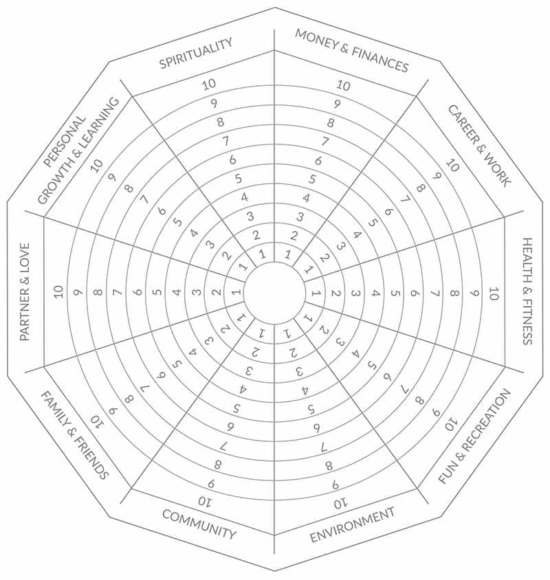 Visual representation of the wheel of life diagram.