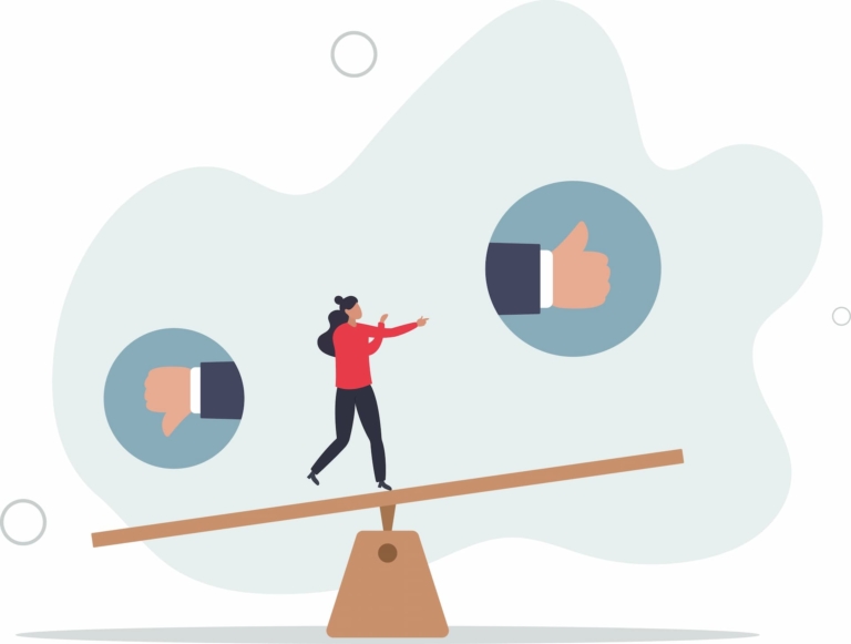 Illustration of a woman balancing on a seesaw with a thumbs-up icon on one side and a thumbs-down icon on the other, symbolizing the use of judgment in making balanced decisions.
