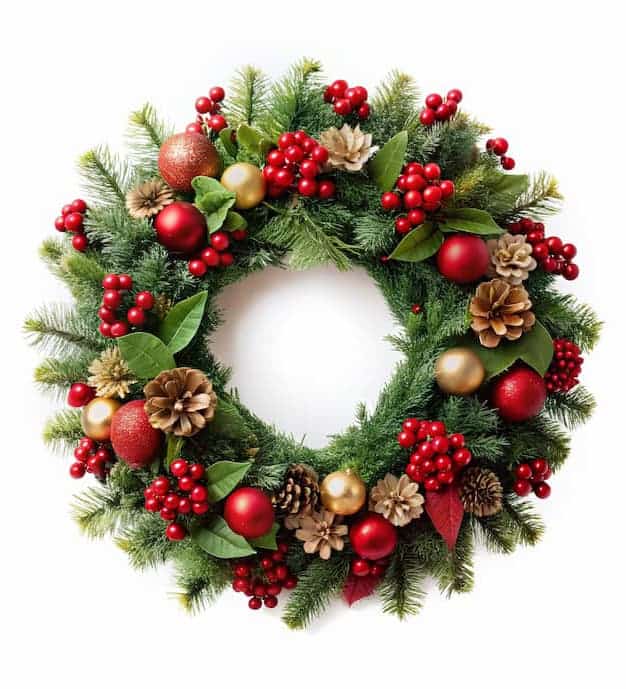 Christmas wreath decorated with red and gold ornaments and red berries.