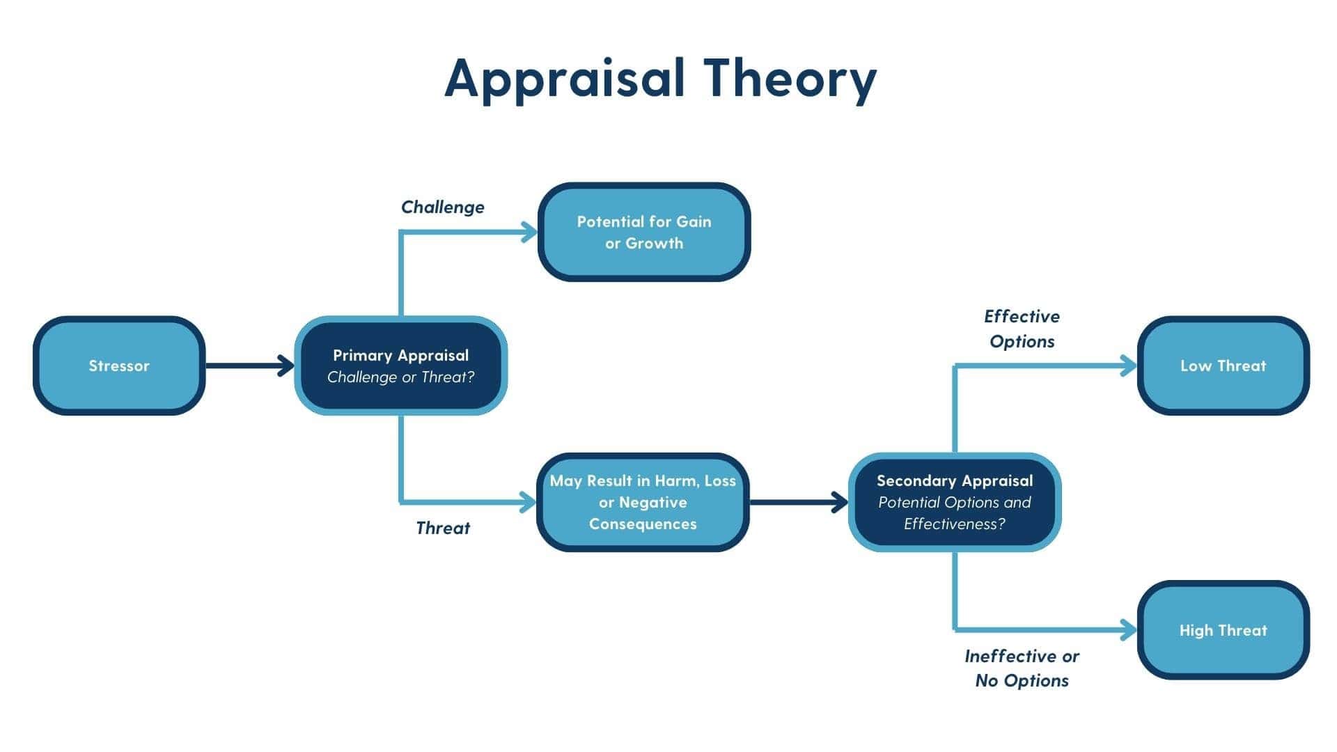 A flowchart showing Lazarus’s Cognitive Appraisal theory, depicting the primary and secondary appraisal processes that lead to emotional and behavioral responses,