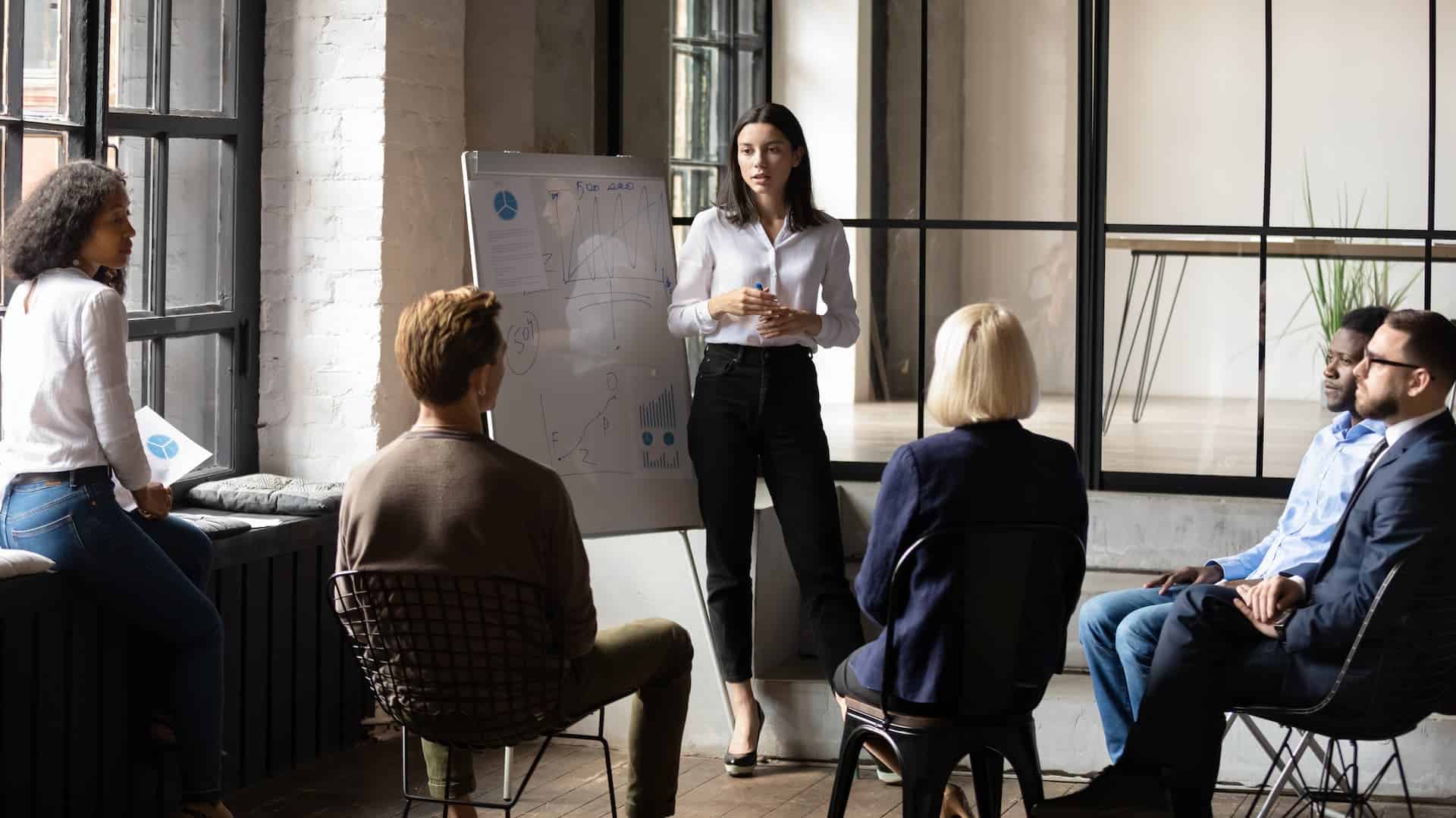 A woman presenting and synthesizing ideas by drawing charts on a whiteboard.