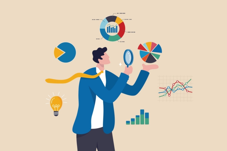 A man surrounded by icons representing factors that impact his career choices, as he analyzes each one with a magnifying glass.
