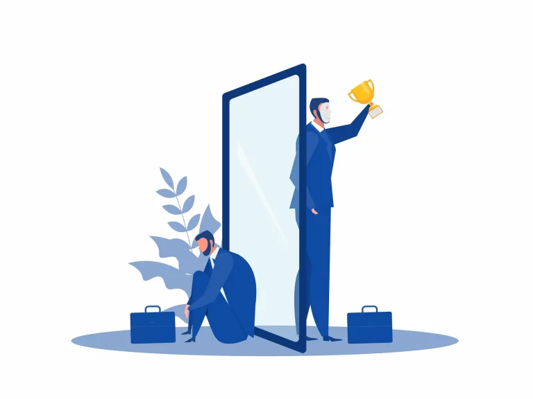 A man sits with his head down, but behind a glass, he appears fine, representing the contrast between inner feelings and the masks we wear as our outward appearance.