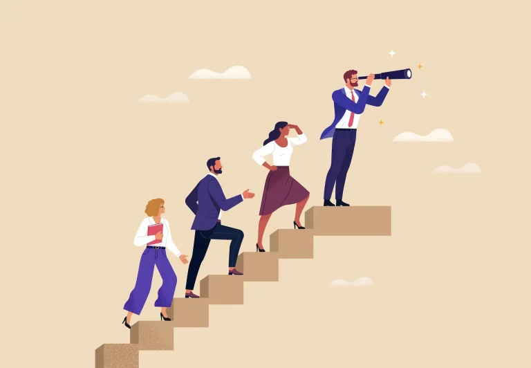 A vector illustration of a leader with a telescope guiding a team of professionals up a staircase, symbolizing visionary leadership.