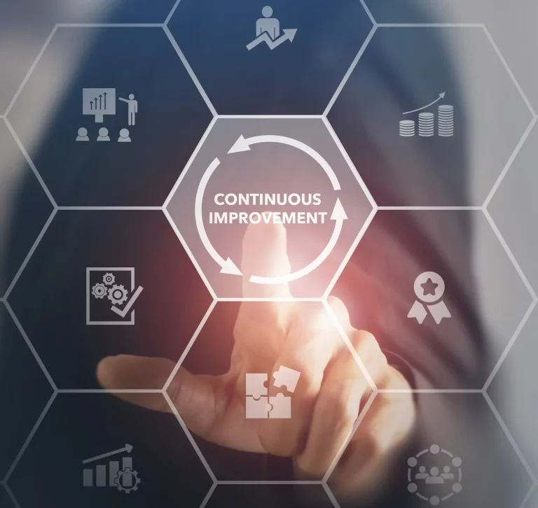 A person points at a digital hexagon labeled 'Continuous Improvement', with surrounding icons for growth, teamwork, quality, and process optimization - symbolizing an organization's agility to adapt.
