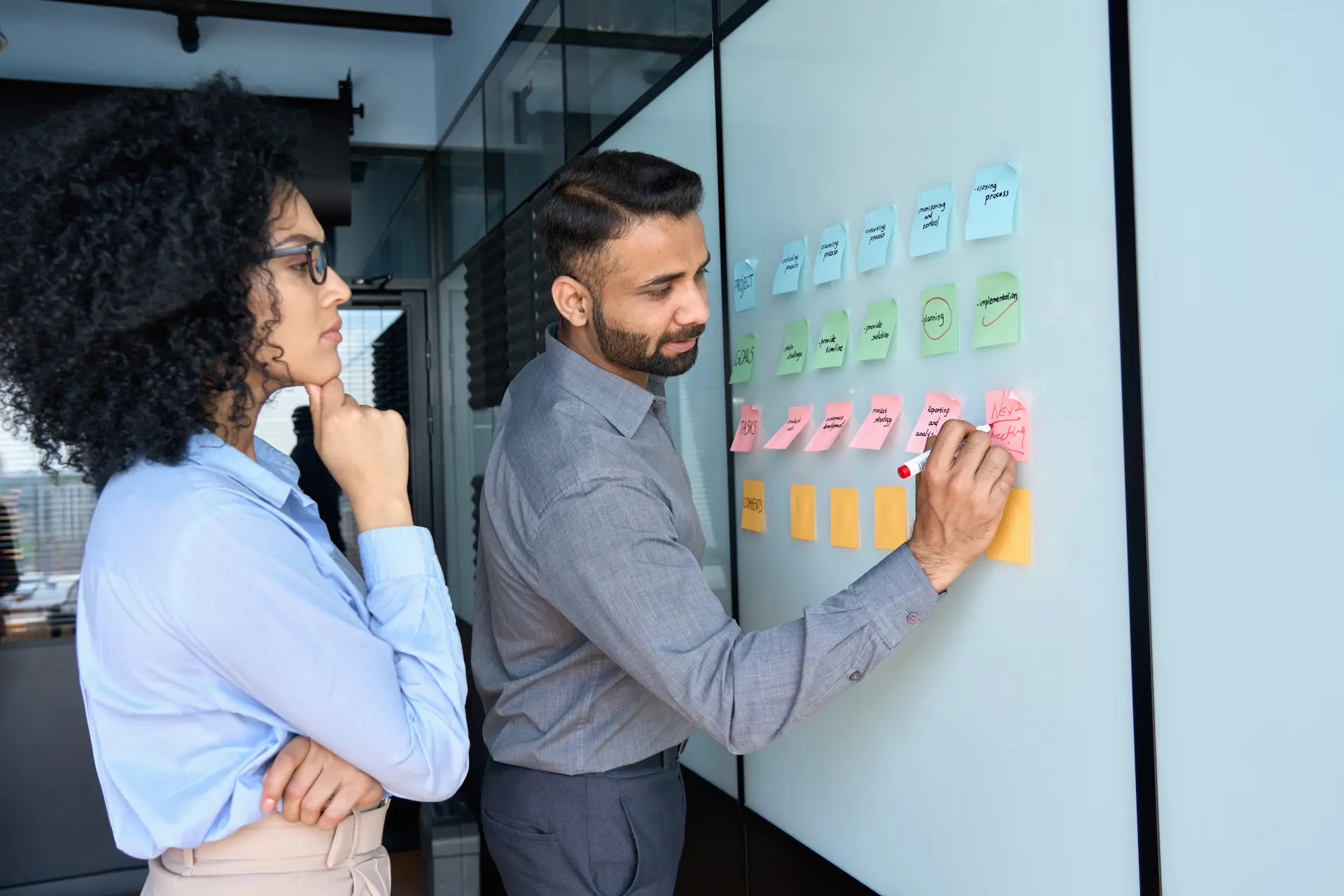 A man and woman collaborate with post-its on a whiteboard, showcasing organizational agility through dynamic planning and problem-solving.
