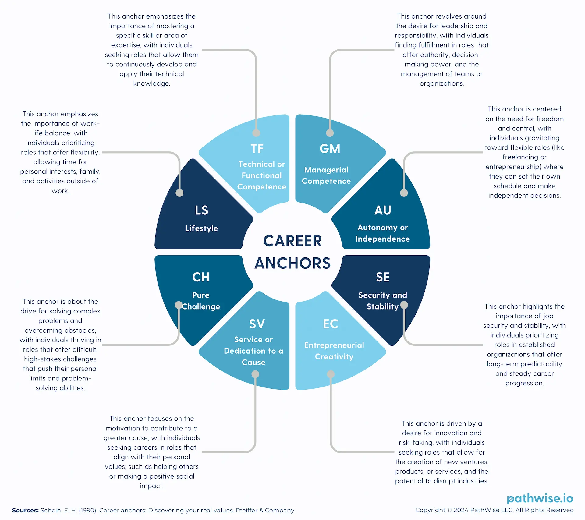 Chart summarizing Edgar Schein’s eight career anchors, each representing a core value or driver that shapes career decisions.
